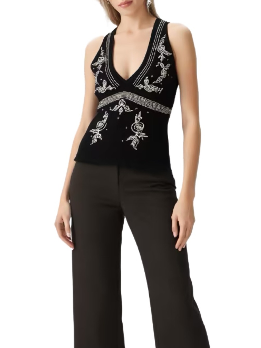 Eyeshadow Y2K Black Floral Embroidered Halter Top with Sequins Size M